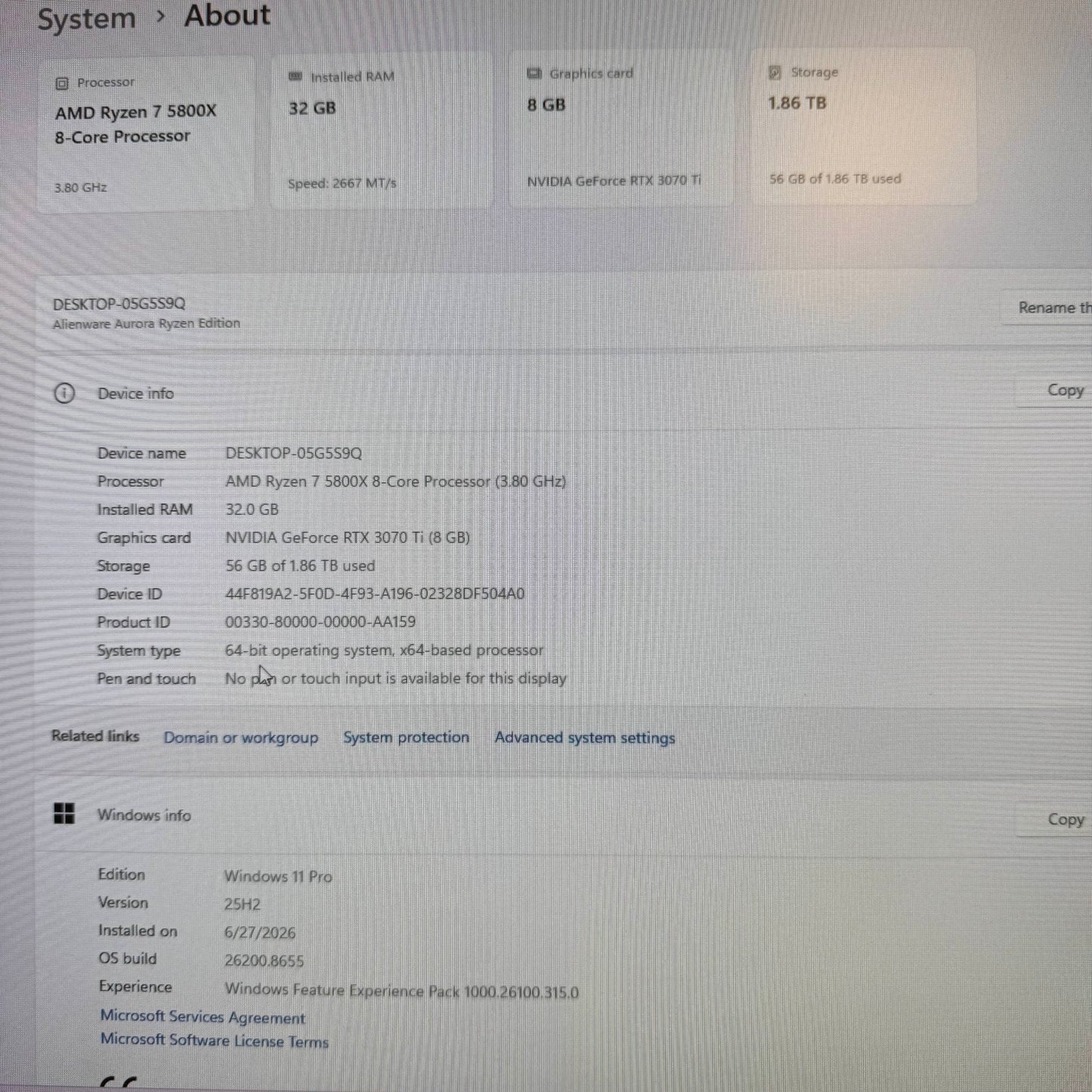 Alienware Aurora R10 Ryzen 7 5800X 3.60GHz 32GB RAM 2TB SSD GeForce RTX 3070 Ti