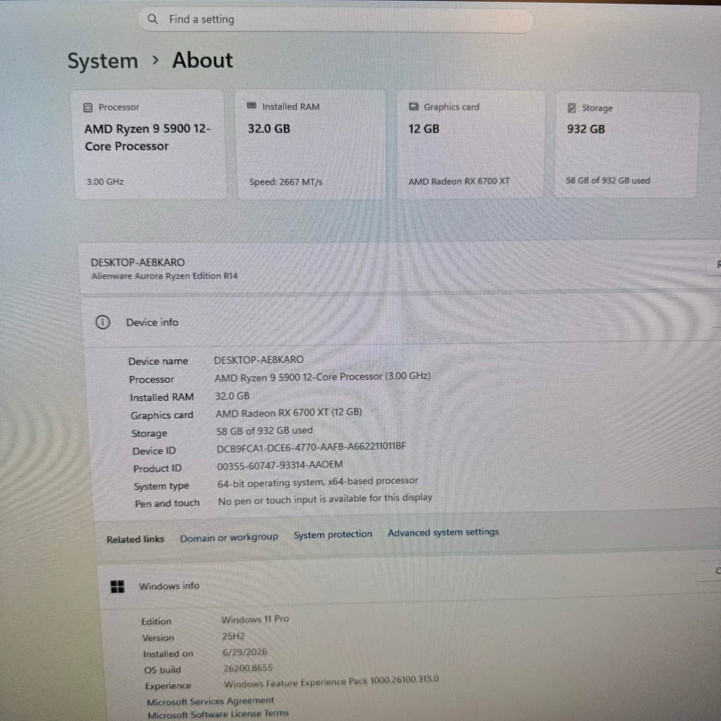 Alienware Aurora R14 Ryzen 9 5900 3.00GHz 32GB RAM 1TB SSD Radeon RX 6700 XT