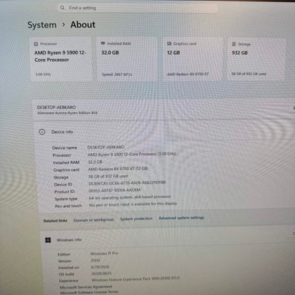 Alienware Aurora R14 Ryzen 9 5900 3.00GHz 32GB RAM 1TB SSD Radeon RX 6700 XT
